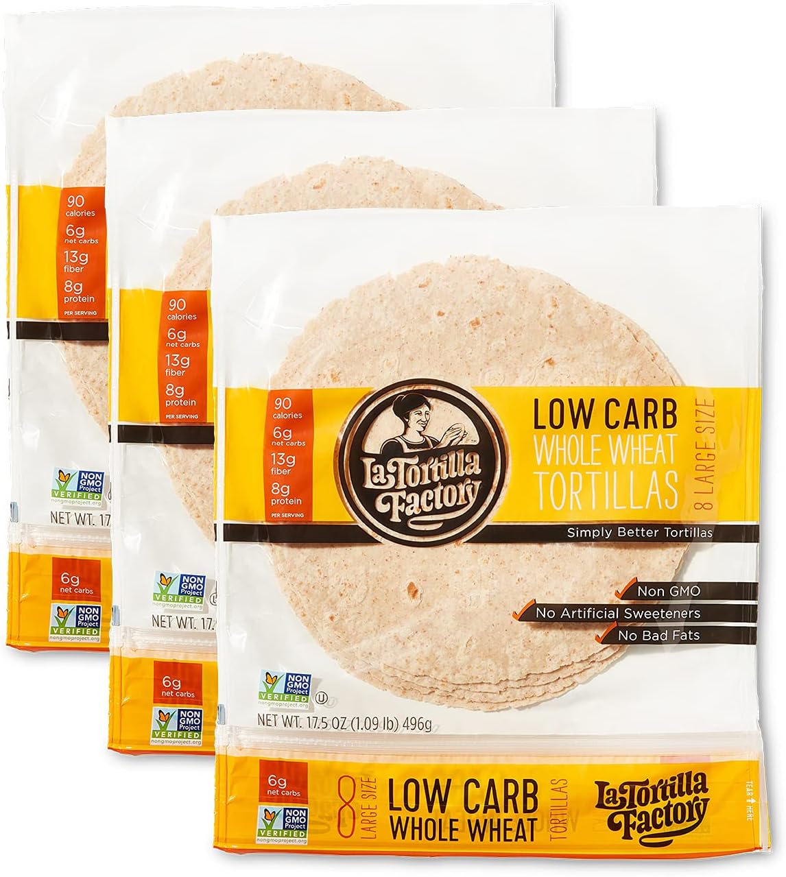 La Tortilla Factory Low Carb Whole Wheat Tortillas, 6g Net Carbs, 90 Calories, Non-GMO, 8" - Large Size, 8-Count, 3 Packages