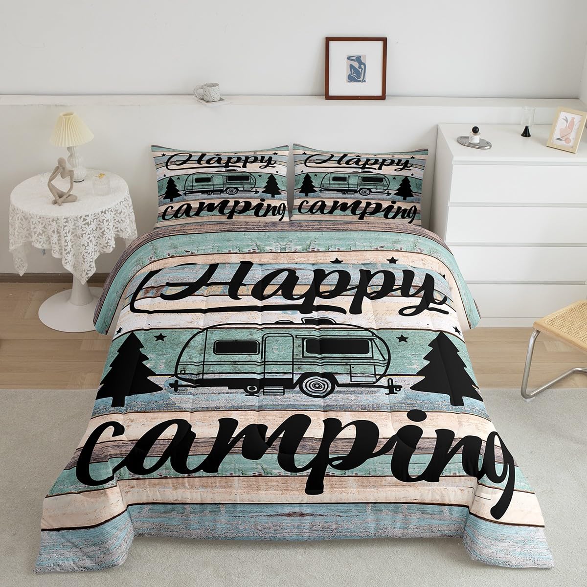 Camper Comforter Queen Size Happy Camping Bedding for Boys Kids Girls Rustic Farmhouse Style Comforter Set, Camper Accessories for Travel Trailers, Camper Must Haves,Teal Blue Vintage Wooden Quilt Set