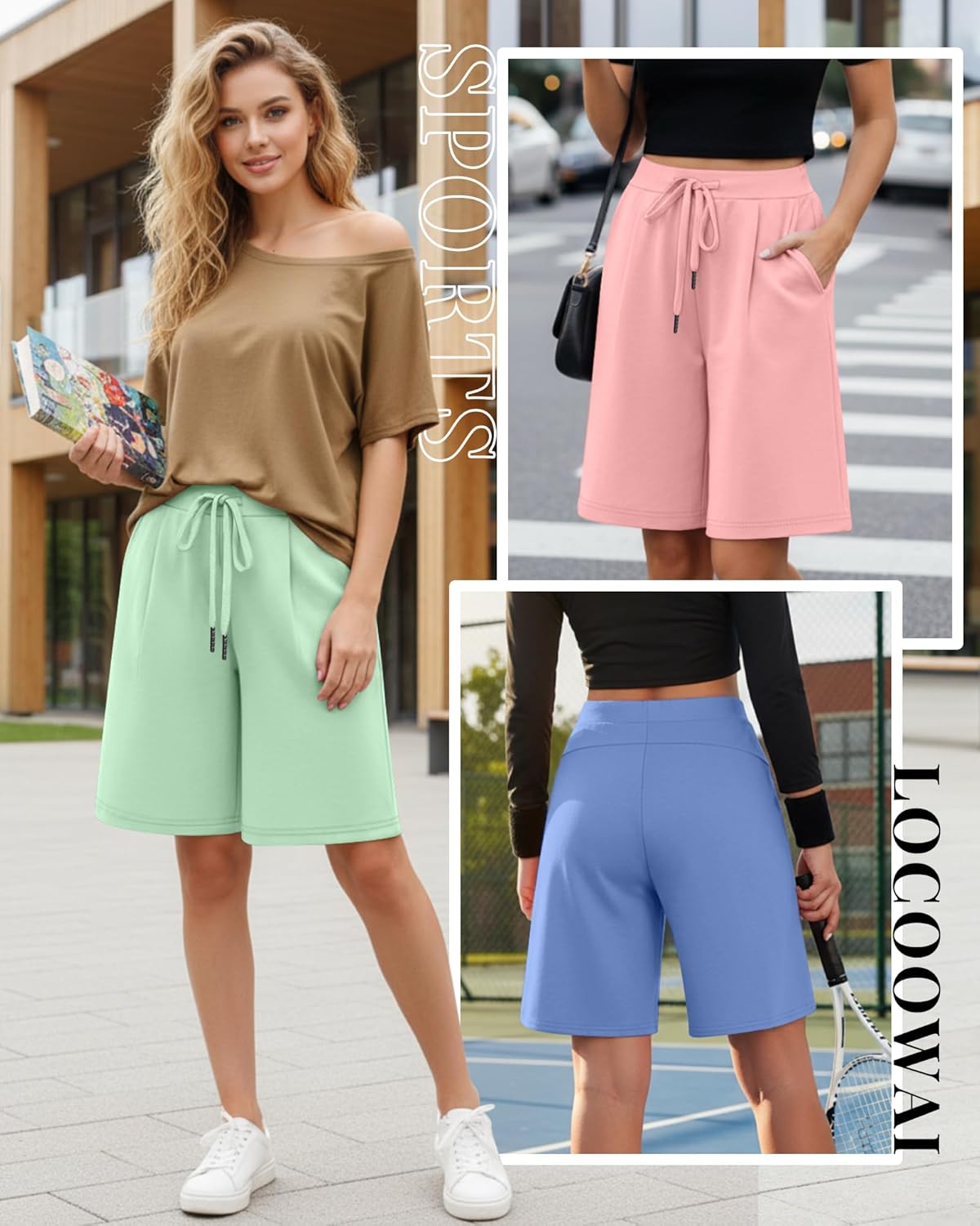 Locoowai 3 Pack Women's Bermuda Shorts Drawstring Casual Lounge Elastic Waist Athletic Yoga Running Shorts with Pockets