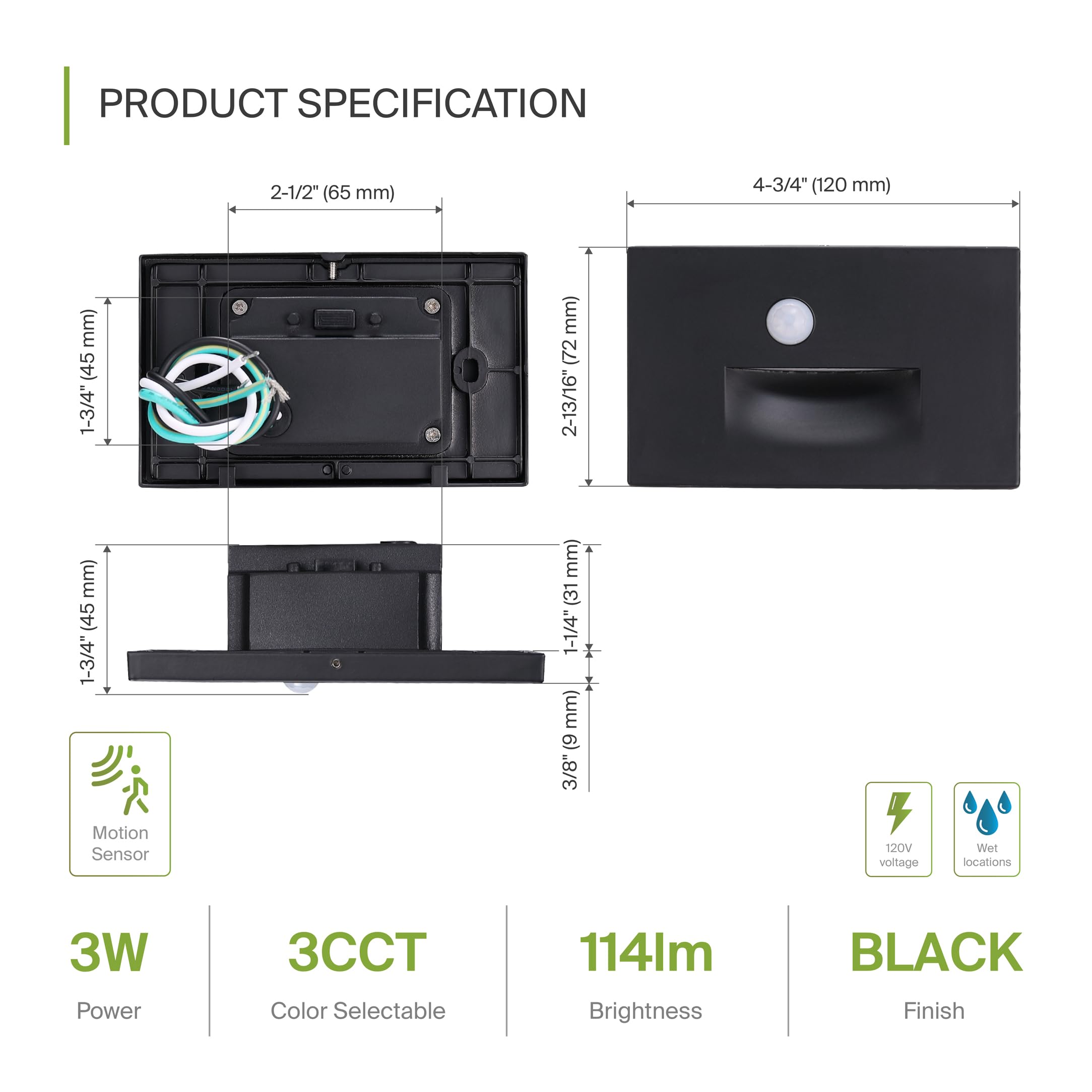 ASD LED Recessed Step Light Fixture | 3W 120LM 3000K-5000K 120V | 3CCT, Motion Sensor, Waterproof, ETL Listed | Outdoor-Indoor Stair Lamp, Tread Lighting, Staircase Spotlight | Black