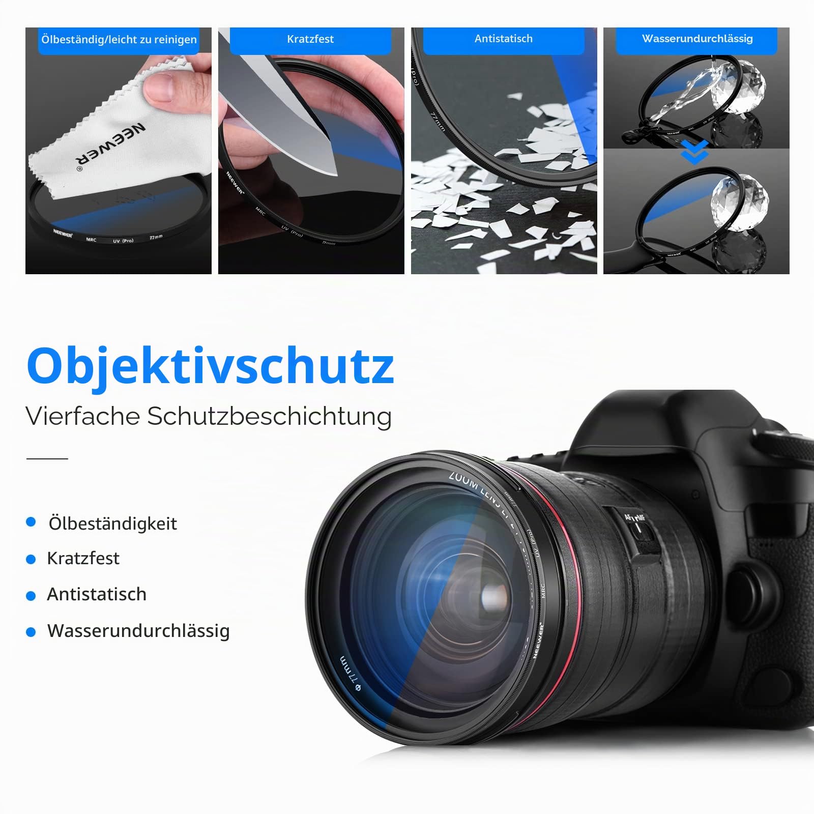 NEEWER 77mm MRC UV Filter, Schutzfilter mit 30 Schichten Multiresistente Nanobeschichtungen/HD Optisches Glas/Wasserabweisend/Kratzfest/Aluminiumlegierung Ultra Slim Rahmen/Ultraviolettfilter