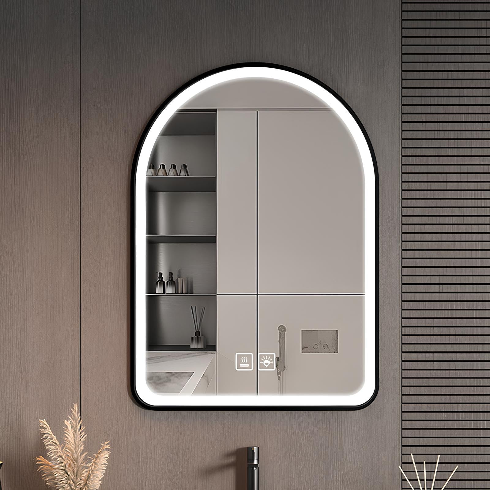 FGXHHS Arched LED Wall Mirror, 40x50cm/40x60cm/50x70cm/60x80cm Metal Framed for Bedrooms Living Rooms Hallways Decorative, 3 Colour Light Dimmable(Black,50x70cm)