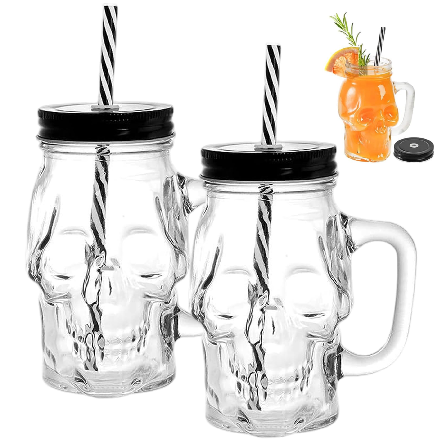 CAKEEYUM 2Pcs Halloween Glass Cups 16oz Skull Mason Jar Cups with Straw & Lid Halloween Glasses Drinking with Handle for Whiskey Wine Beverages Glass, Skull Cup, Mason Jar, Drin