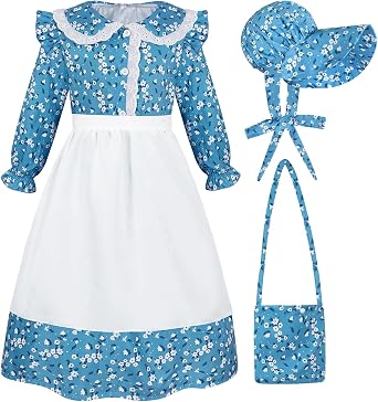 COTRIO Pioneer Dresses for Girls Colonial Costume Prairie Dress Floral Pioneer Costumes with Apron & Bonnet Halloween Outfits