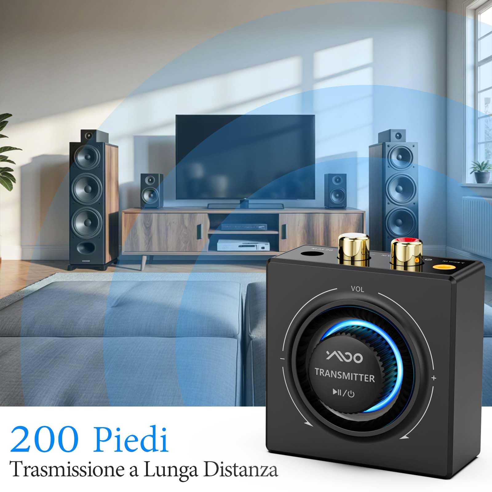 YMOO Wireless Trasmettitore Ricevitore Audio per TV, 200ft Hungo Raggio,Bassa Latenza，2.4GHZ Audio Adattatore Kit per Altoparlante/Stereo/PC