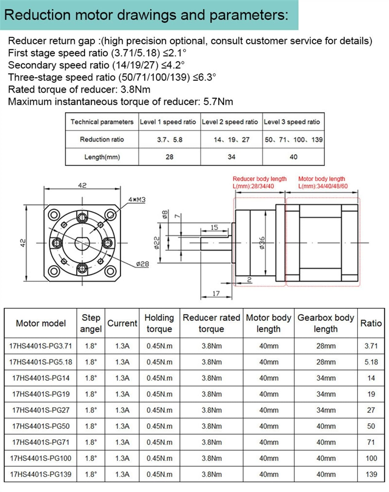 Stappenmotor 42BYG lichaamslengte 40 mm in de verhouding 3,71:1~139