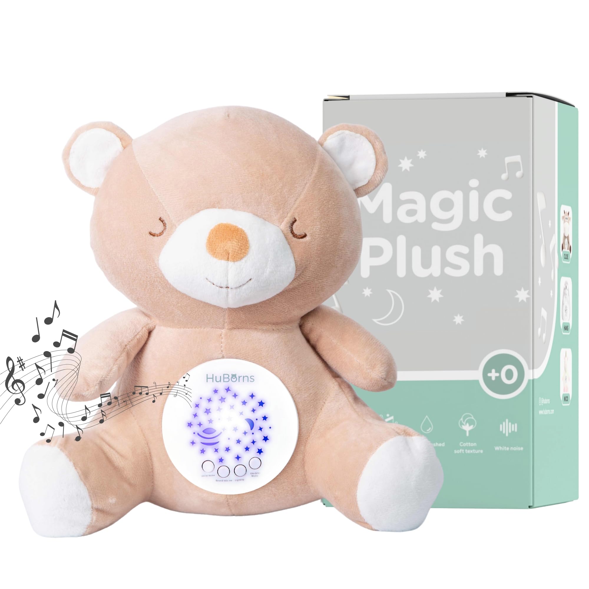 HuBorns - Peluche Musical Bebe con 3 Modos Ruido Blanco para Dormir y 15 Nanas, Luz Quitamiedos Infantil con Proyector de Estrellas y Galaxia, Regalo para Bebe Recién Nacidos Originales (Oso)