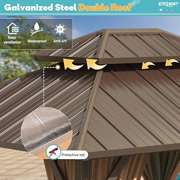 EROMMY 10' x 12' Hardtop Gazebo, Aluminum Frame Gazebos with Galvanized Steel Double Roof, Permanent Outdoor Metal Pavilion with Curtain and Netting for Patio, Lawn, Deck