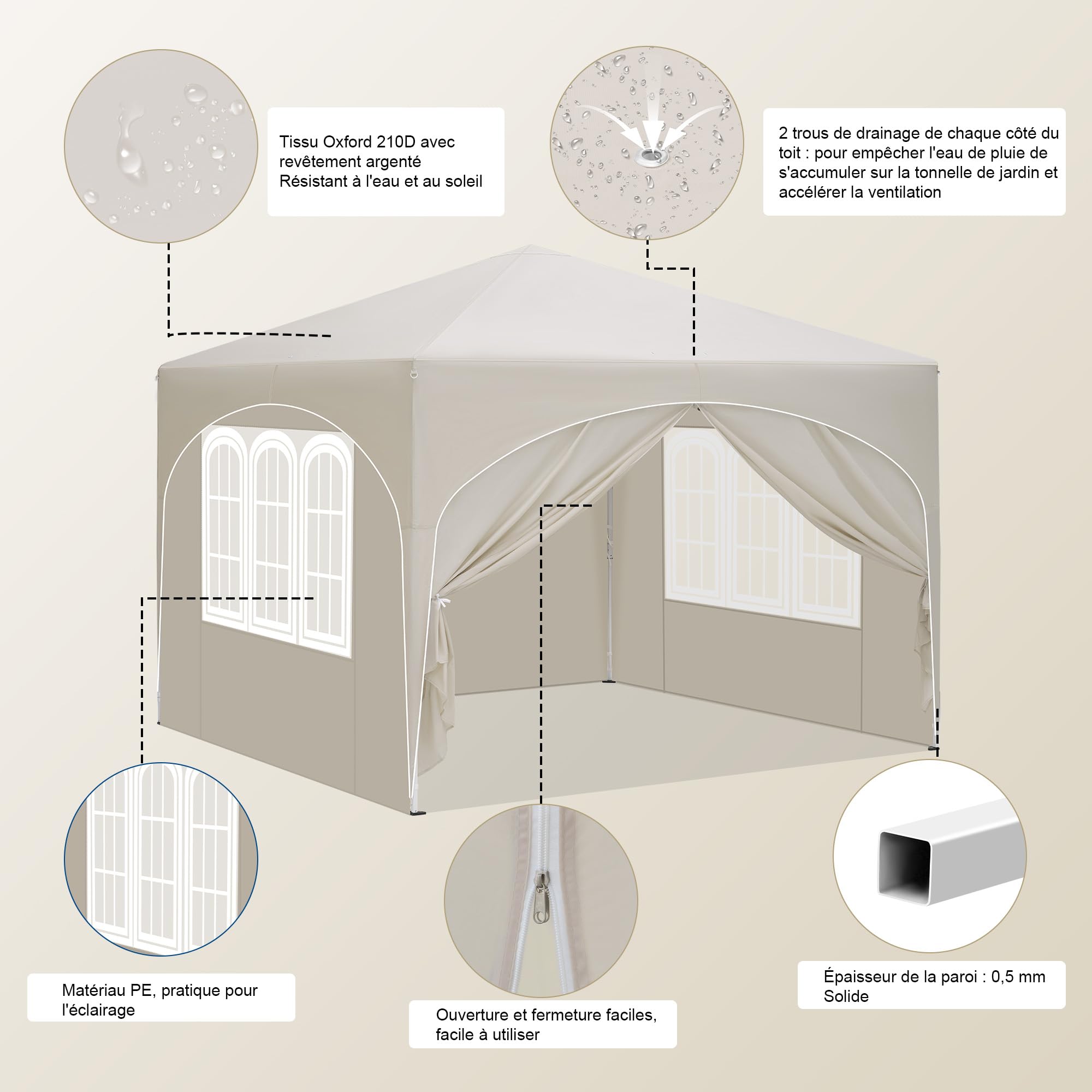 Laneetal Tonnelle de Jardin Pliable 3x3 avec 4 parois Barnum Réglable Beige