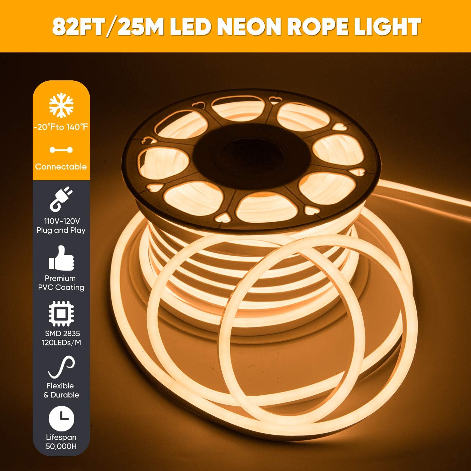 Amazing 🔥 Shine Decor LED Neon Rope Lights Outdoor 82FT Cold-Resistant, Connectable Flexible Neon LED Strip Lights Warm White 3000K, AC 110V 120V Cuttable Waterproof Neon Signage Lights 120LEDs/M for Decoration