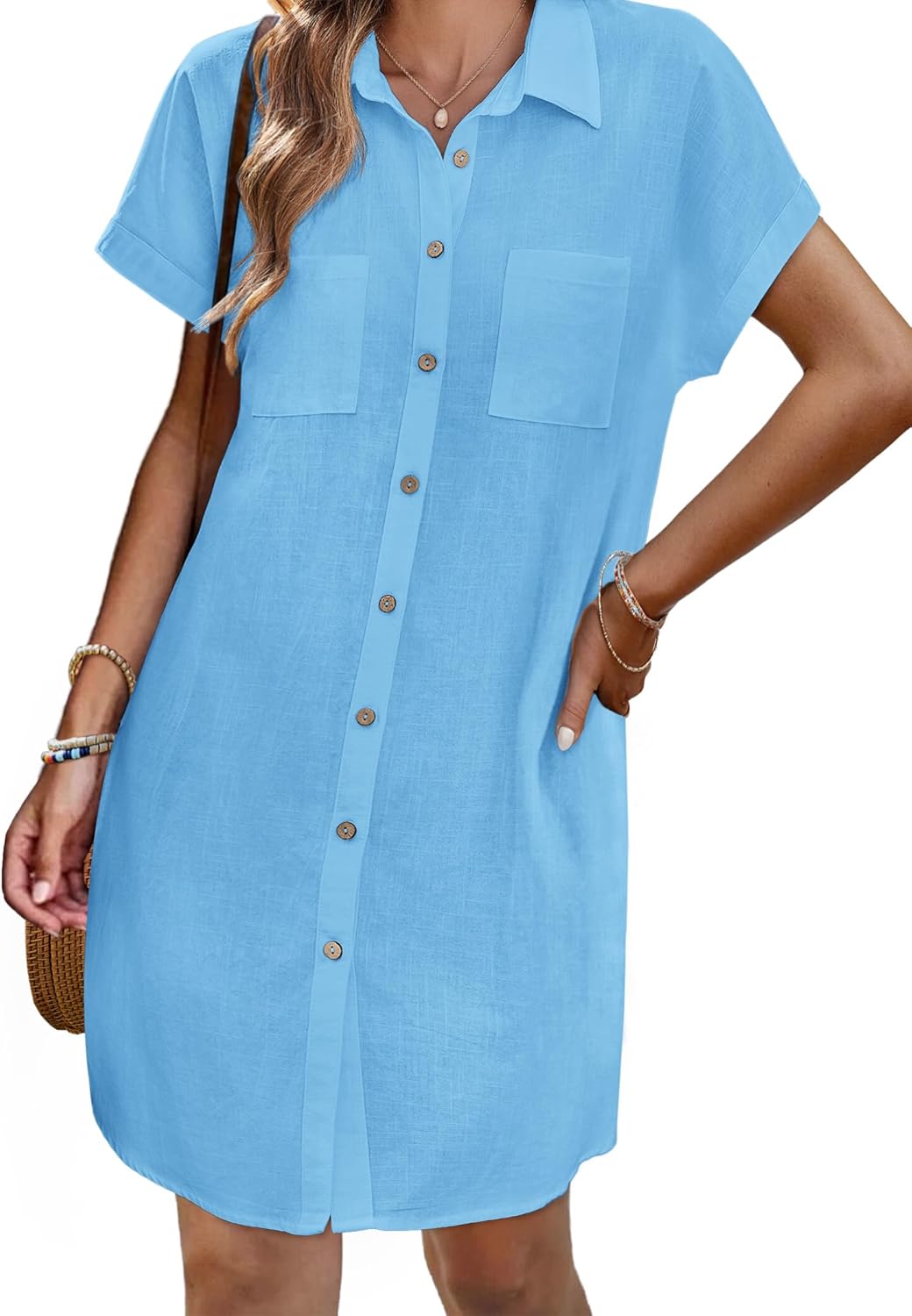 Zeagoo Summer Dresses for Women 2025 Cotton Button Down Short Sleeve Tshirt Dresses Casual Mini Beach Dress - Image 2
