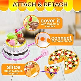 FUNERICA Play Food Goodies Set - Features Cutting Pizza, Ice Cream, Toy Birthday Cake, Fries, Dessert - Pretend Kitchen Toys for Toddlers, Boys, Girls