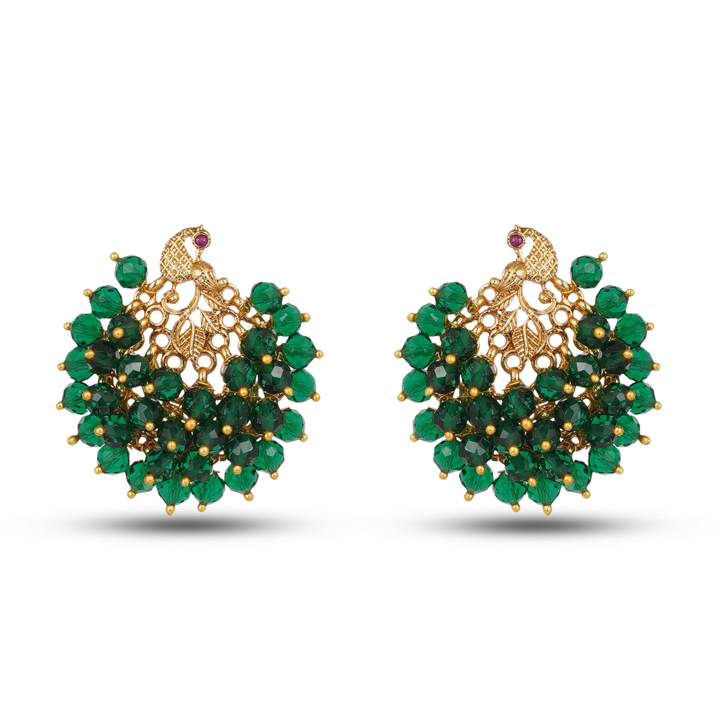 ZYRA JEWELS Traditional Peacock Pearl Cluster Stud Earrings | Beaded Temple Jewellery for Women & Girls (Green)