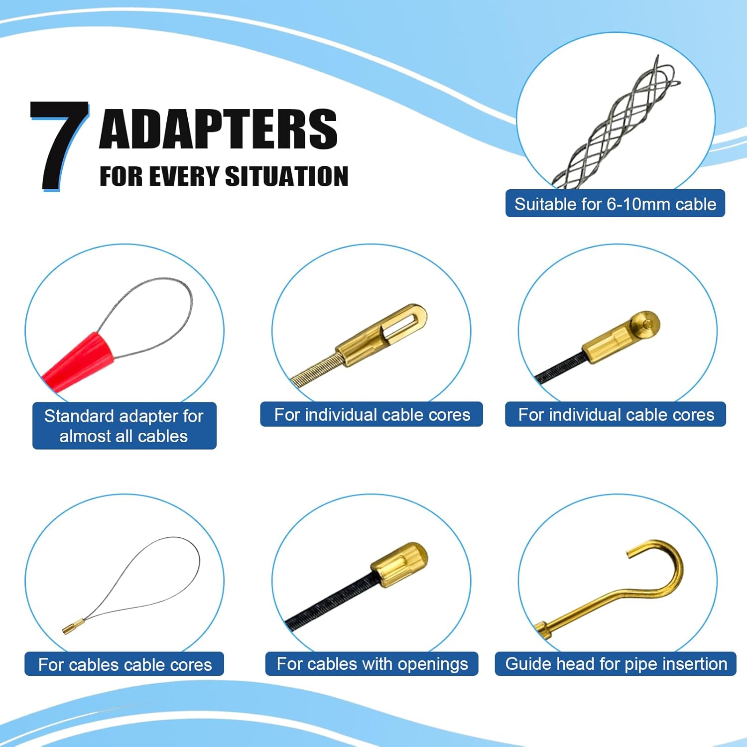 Fish Tape Wire Puller 4.5mm 196FT, Electrical Fish Tape with 7 pcs Leader Tip, Fish Tape Fiberglass, PET Wire Fishing Tools Cable Running Rod with Steel Reel Stand for Wiring