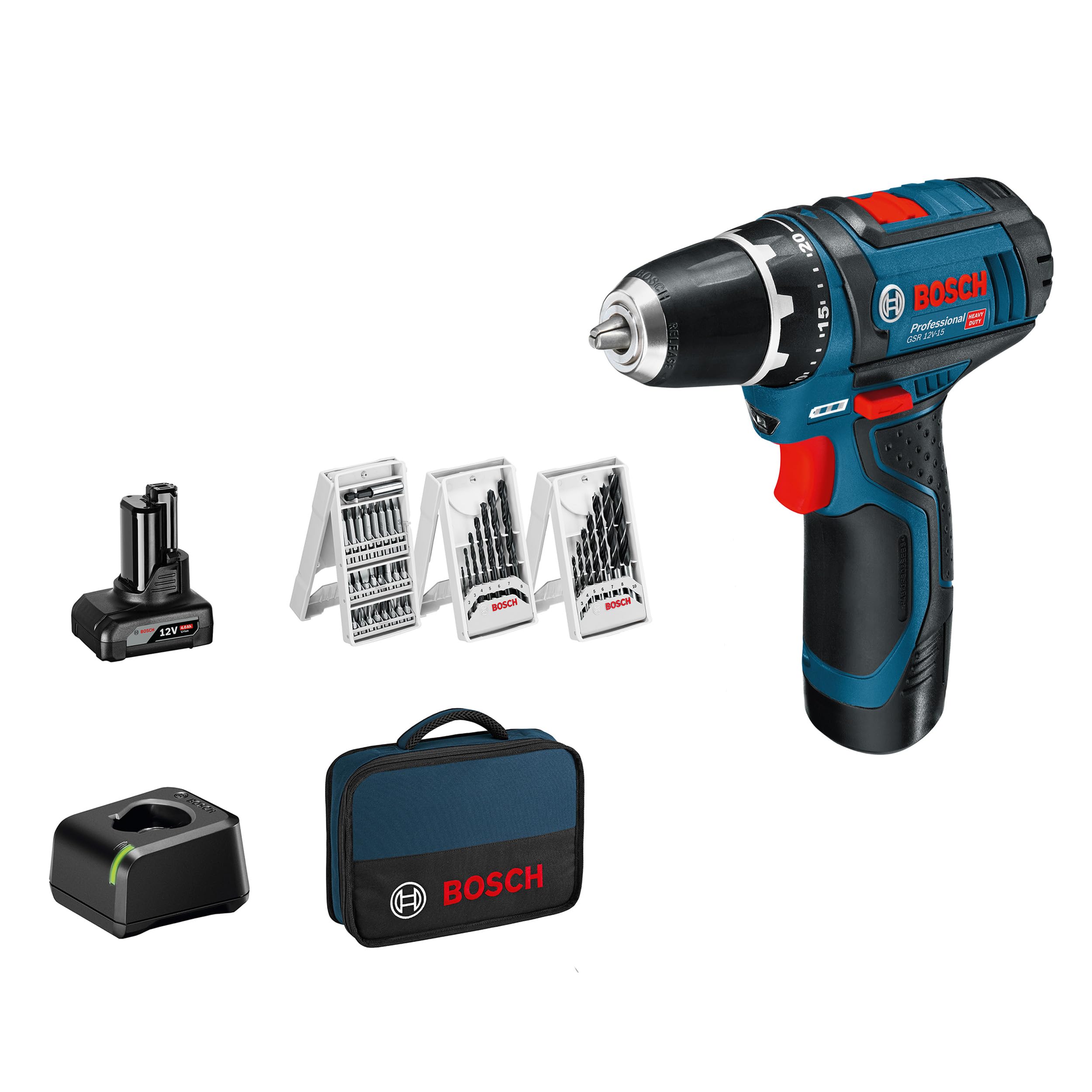 Bosch Professional12V System GSR 12V-15 cordless drill driver (39-piece accessory set, 1 x 2.0 Ah rechargeable battery, 1 x 4.0 Ah rechargeable battery, charger, in bag)