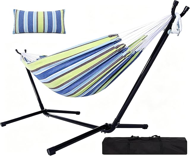 Goutime 9Ft Double Hammock with Detachable Stand,450 Pound Capacity, Includes Pillow and Portable Carrying Bag Perfect for Indoor Outdoor Patio, Deck, Yard,Balcony (Ocean)