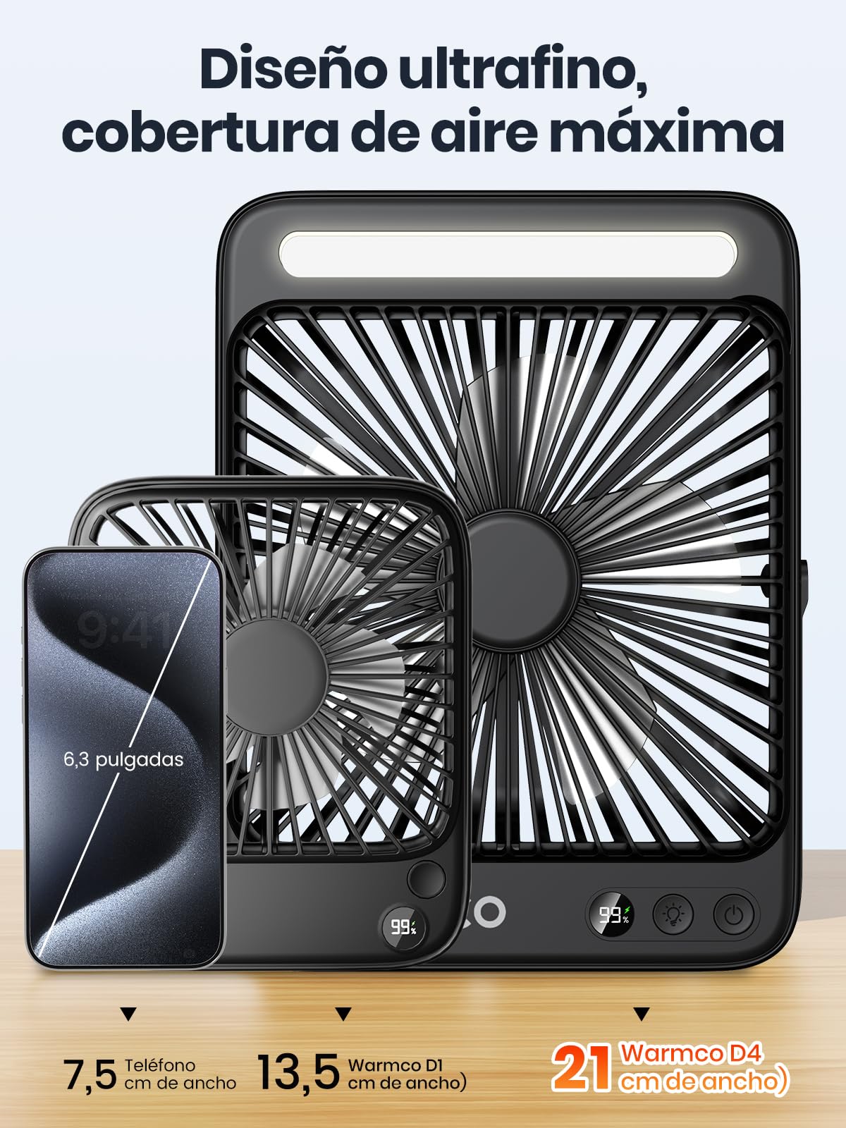 Warmco Ventilador Camping 20000mAh Recargable, 27cm de Alto Ultra-Delgado con Luz LED, 48H Duración, Ventilador Mesa Portátil para Tienda, Viaje, Exterior, Dormitorio