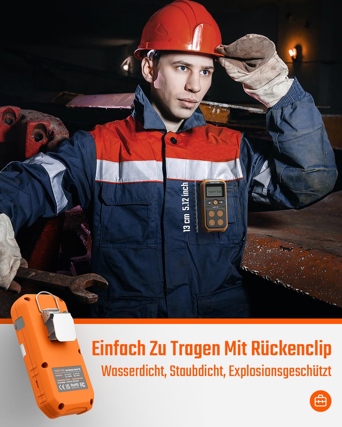 TopTes Guard-101 Gasmelder, 4 Gasmelder Für H2S, CO, LEL Und O2, Mit Vibration, Licht- Und Tonalarm, 14 Stunden Batterielaufzeit, Explosionsgeschützt, Für Arbeit Und Zuhause - Orange