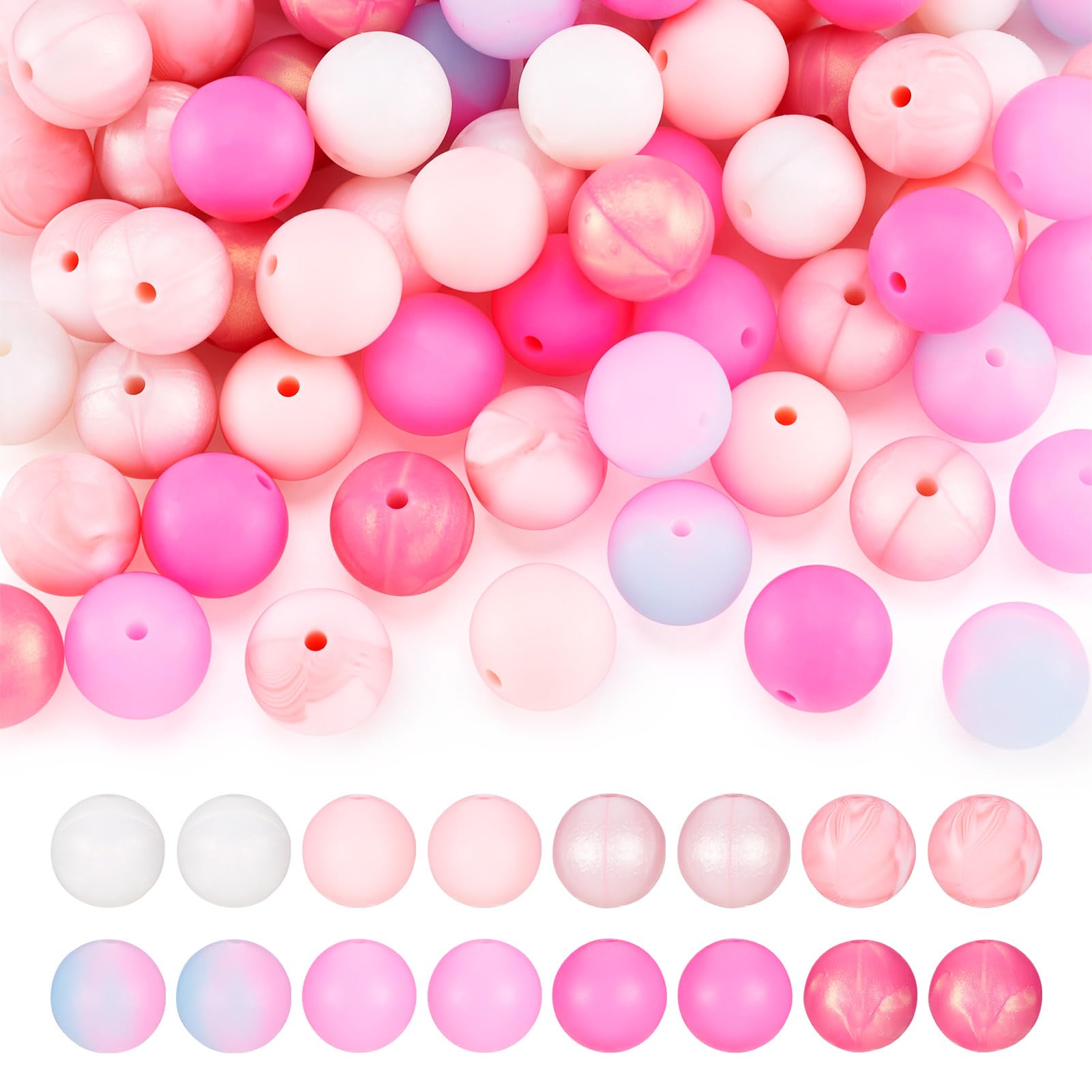 Boutigem 80Pcs 15mm Pink Silicone Round Beads Bulk Colorful Round Rubber Loose Beads for DIY Bracelet Necklace Keychain Jewelry Making Pen Decor