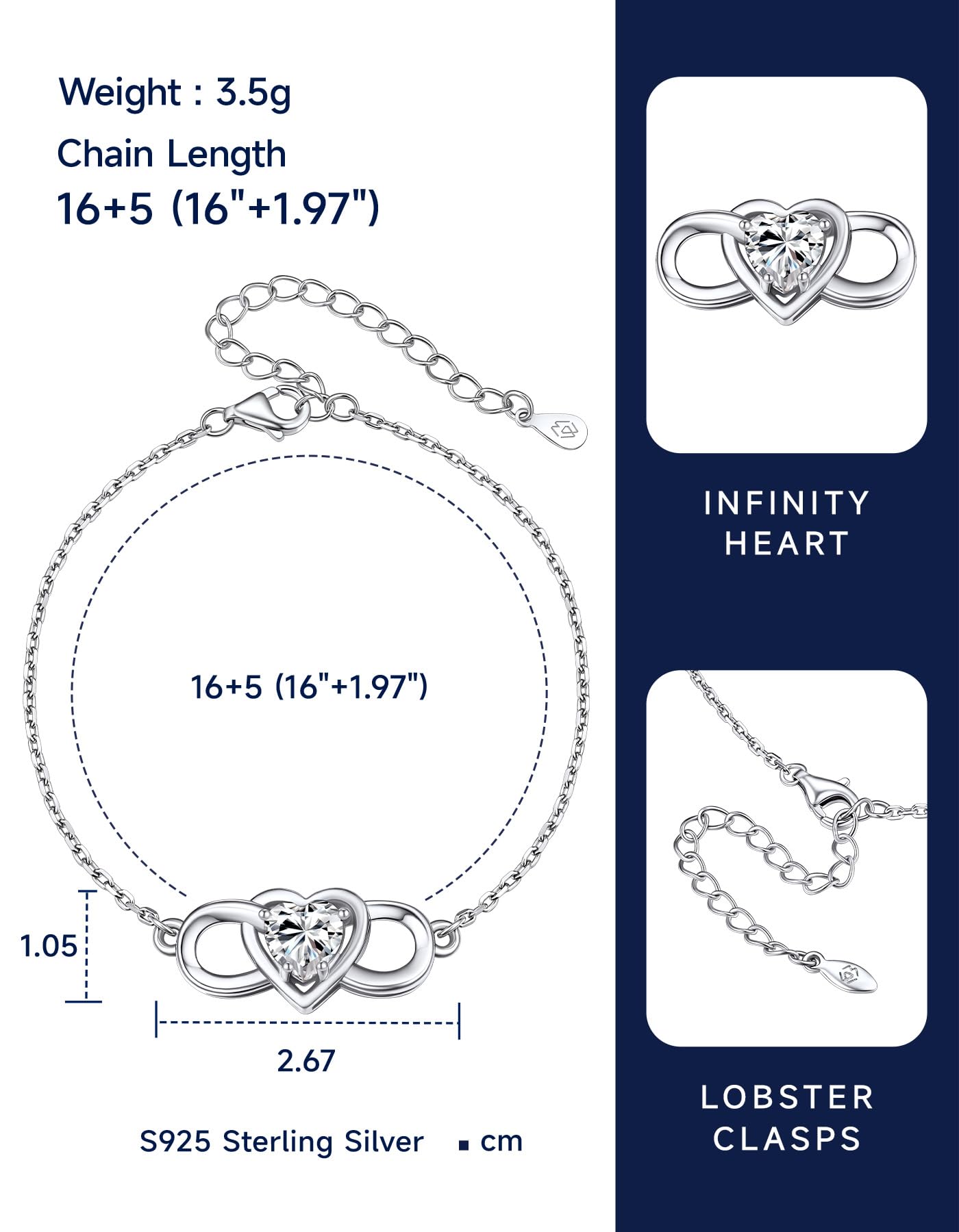 MomentWish Armband Damen Unendlichkeitszeichen, 1 Karat Moissanite Infinity Armband Silber 925 Frauen Liebe Herz Armkette Allergiefrei Valentinstag Geburtstag Geschenk für Freundin Mädchen
