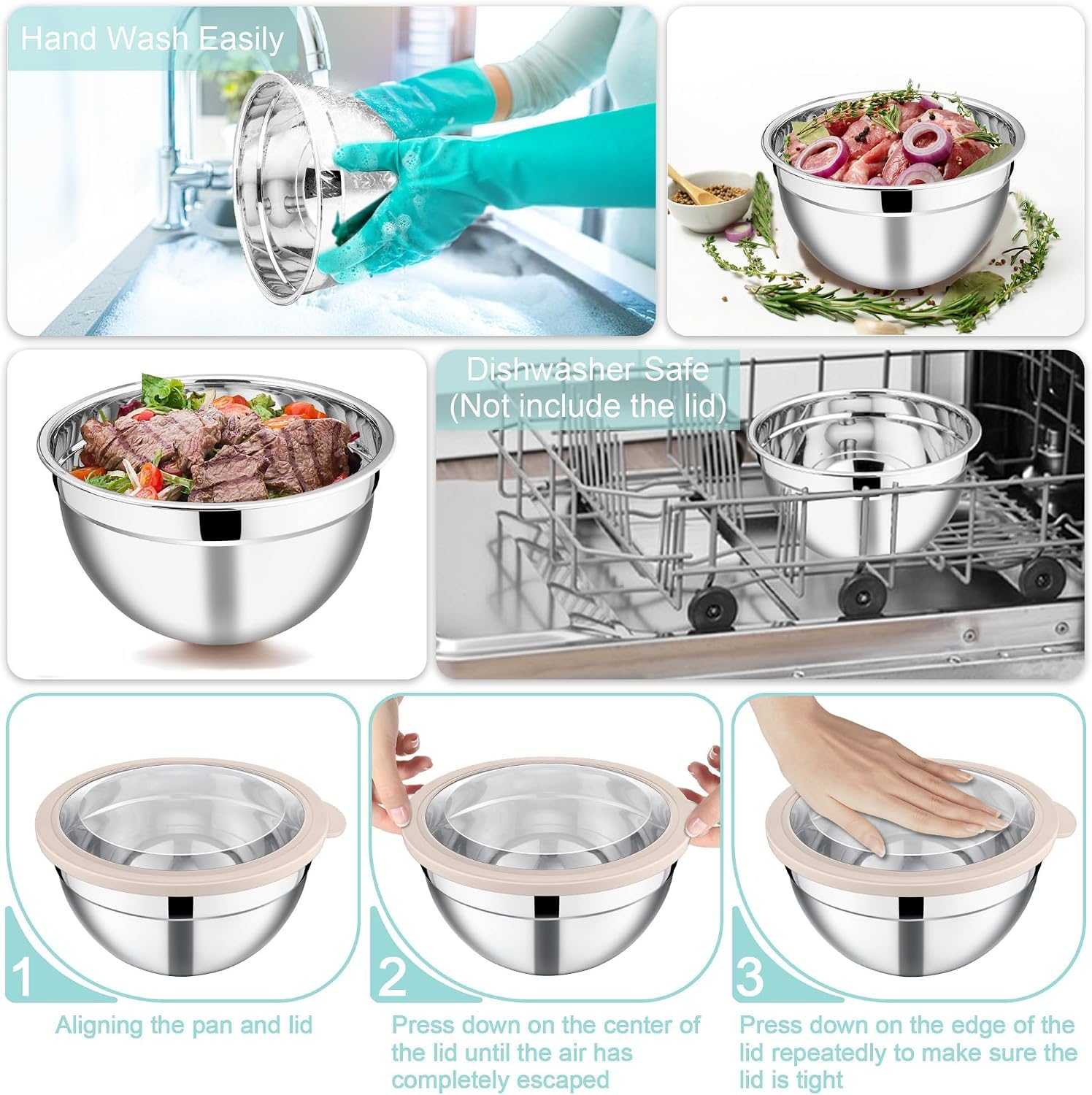 Joyfair Rührschüsseln, 5 Stück, Edelstahl, ineinander stapelbare Salatschüssel mit luftdichten, transparenten Deckeln, Metallschüssel-Set, ideal für Küche, Mischen, Backen, Servieren, Aufbewahren