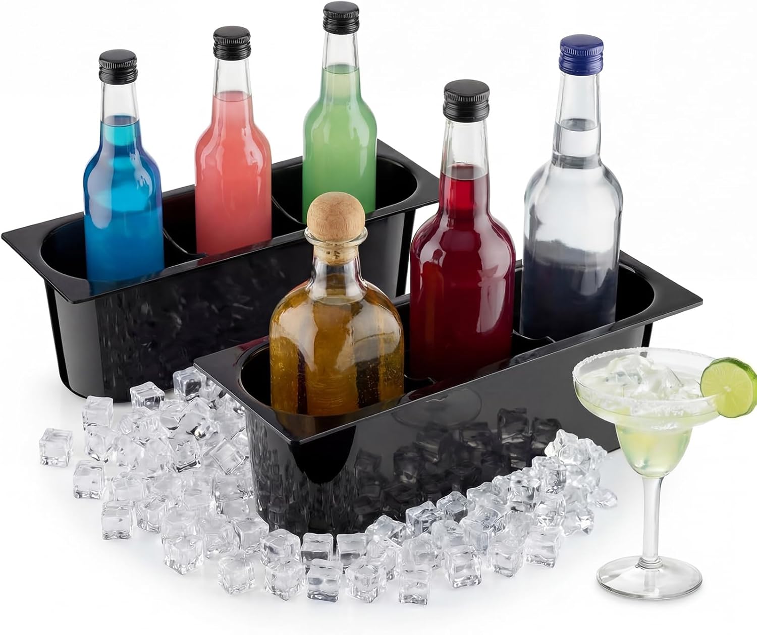 Zhehao 2 Pcs 16 x 5.5 Inch Plastic Bottle Holder for Ice Bins, Holds 3 Bottles, for Bar Restaurant Holiday Cocktail Drink Party, Black, Rectangle
