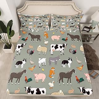 Farm Animals Bedding Set Twin for Kids,Cartoon Farmhouse Animal Theme Bed Sheets for Boys Girls Teens Funny Horse Sheep Cow Fitted Sheet Cute Pig Cat Dog Rooster Bed Cover for All Season,Gray