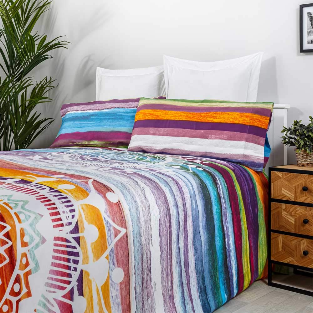 COTTON ARTean Juego de sábanas 150x190/200 poliéster-algodón MANDALA ACUARELA 4 piezas: Encimera, 2 Fundas Almohada, Bajera Ajustable