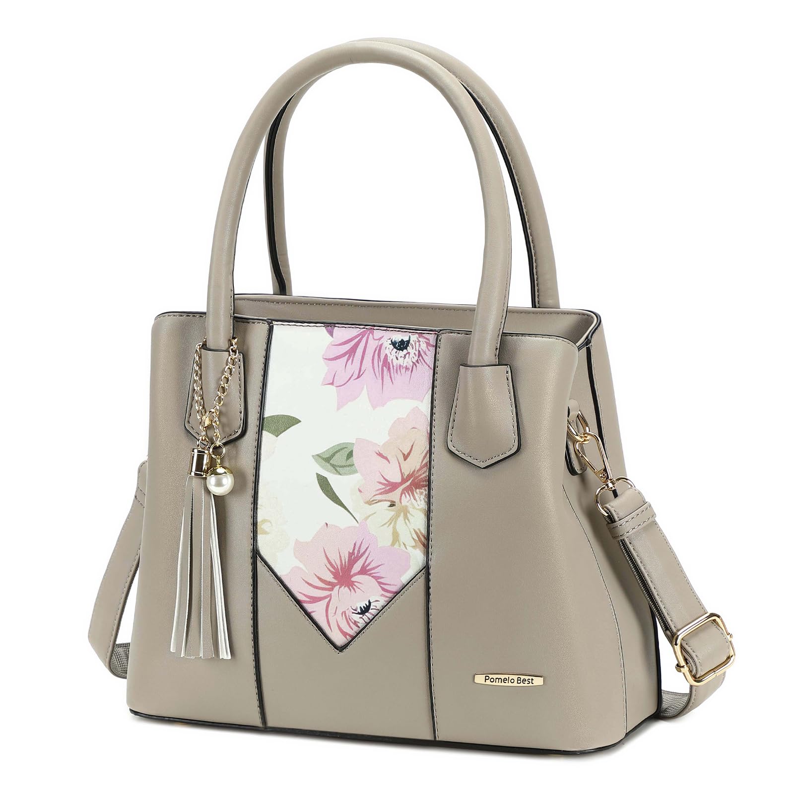 Handbags for Women with Multiple Internal Pockets, Purses for Women Shoulder Bag, Printed Flowers V Shape Satchel Handbag (Grey)