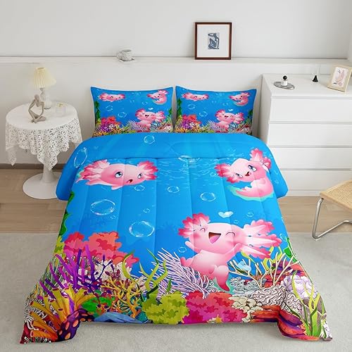 Juego de edredón de tamaño individual de ajolote para niñas, decoración de salamandra de dibujos animados para todas las estaciones, edredón de