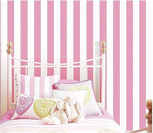 Miniatura 2 de Blooming Wall Papel tapiz de vinilo autoadhesivo extraíble con rayas anchas blancas y rosas (17.7 x 118 pulgadas, rosa y blanco)