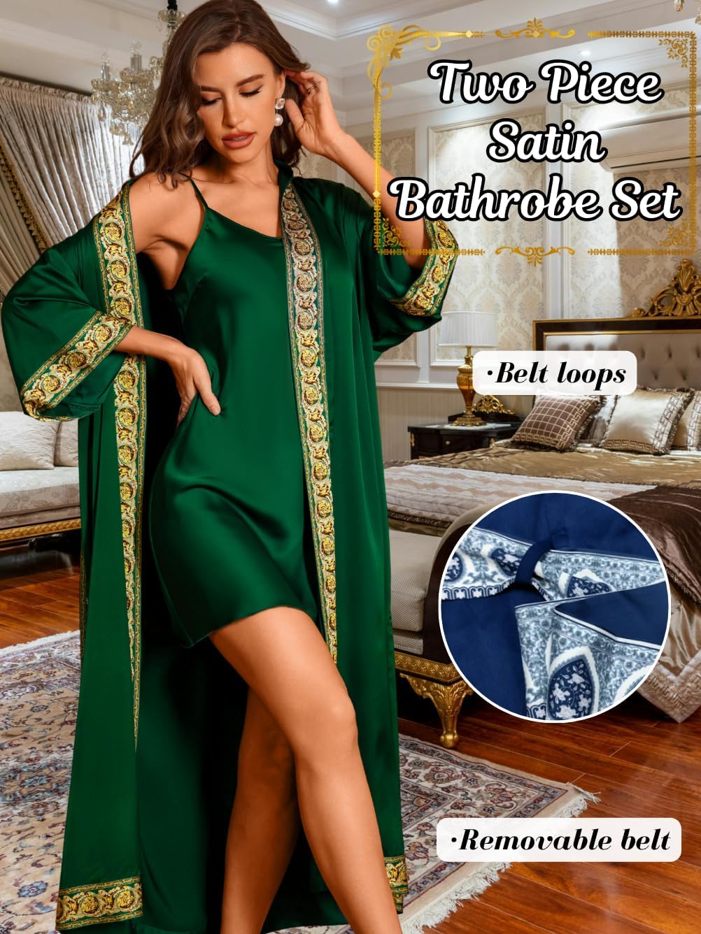 ChiaoLezhee Satin Robe Sets For Women, 2-PC Lightweight Bathrobe, Silk Sleepwear Kimono Bridesmaid Sexy Robes