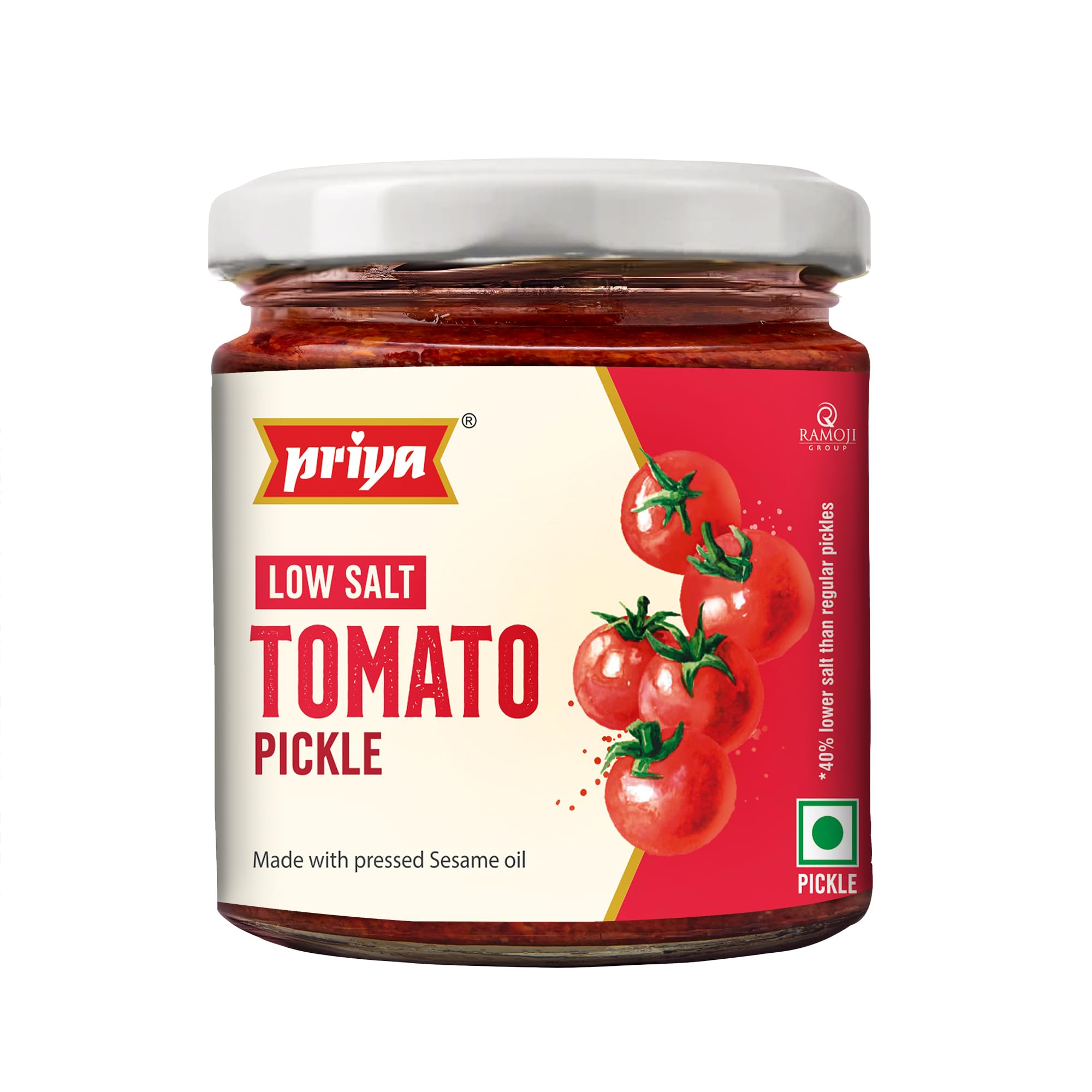 Priya Low Salt Tomato Pickle, 190g - Authentic Telugu Style Tamatar Achar |Traditional South Indian Taste| Homemade Andhra Pickles | With Tomato Pieces, Tamarind Paste & Mixed Spices| Glass Jar