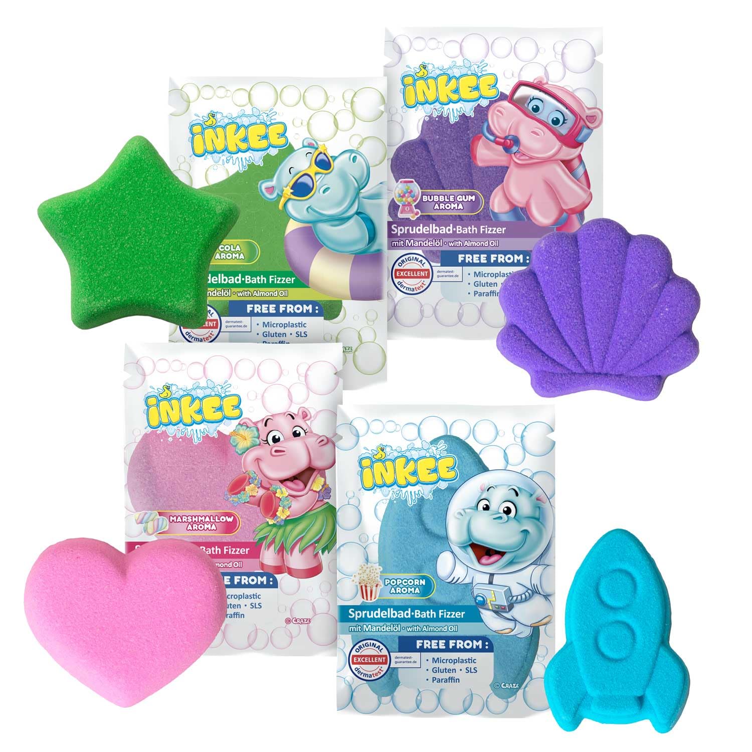 INKEE Fizzer Mix Bundle of 4 - Bath Bombs for Kids, Colour Changing Bath additive with Almond Oil, 4 Different, Fragrances and Shapes - 4X 20g