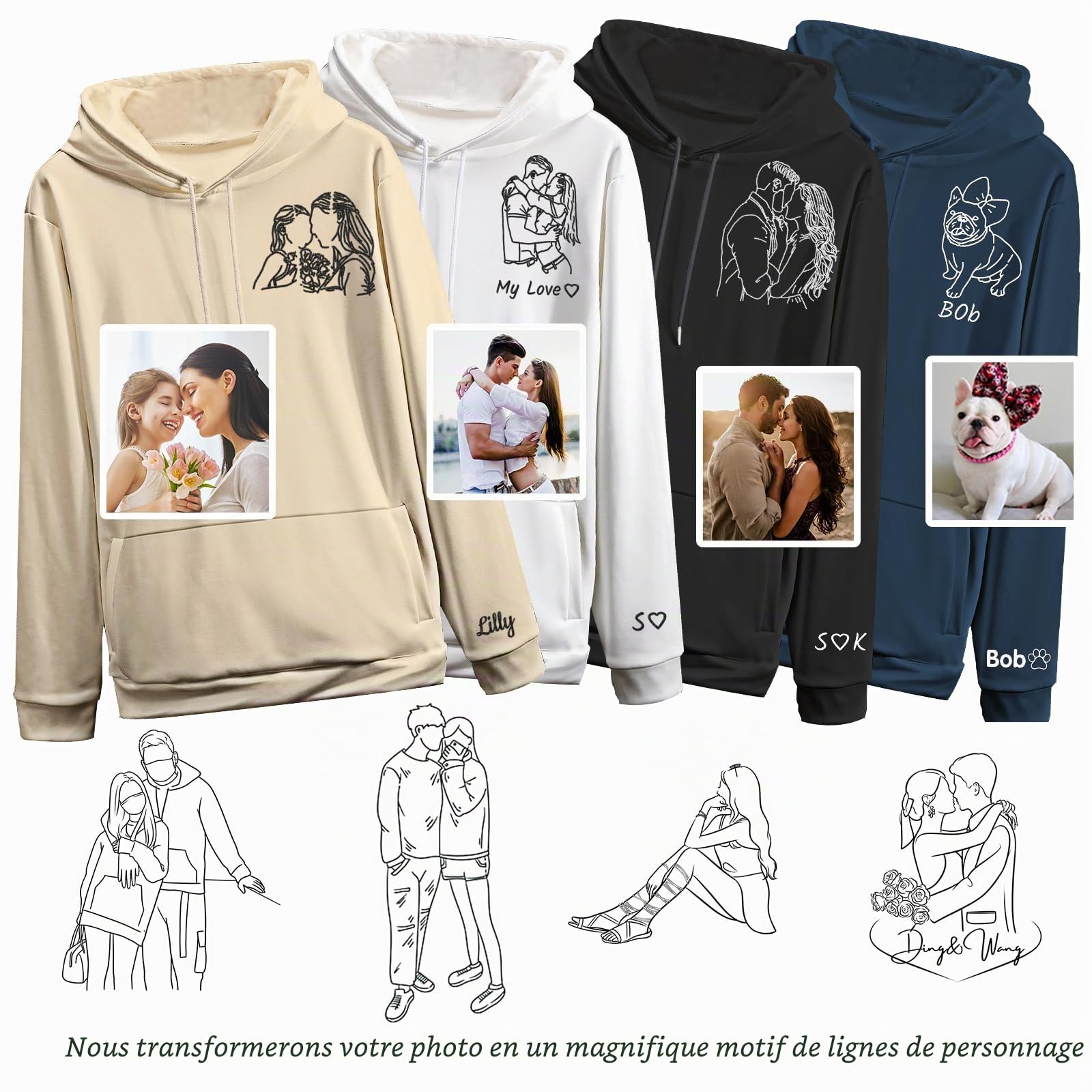Sweat à Capuche Personnalisé Créez Votre Propre Sweat à Capuche Portrait de Photo Cadeau de Saint-Valentin pour Hommes et Femmes