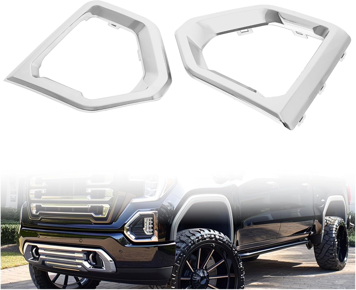 KUAFU Front Fog Light Bezel Compatible with 2019-2023 GMC Sierra 1500 Denali Replacement for 84176753 84176752 GM1038254 GM1039254 Fog Lamp Cover Trim Pair Chrome Silvery