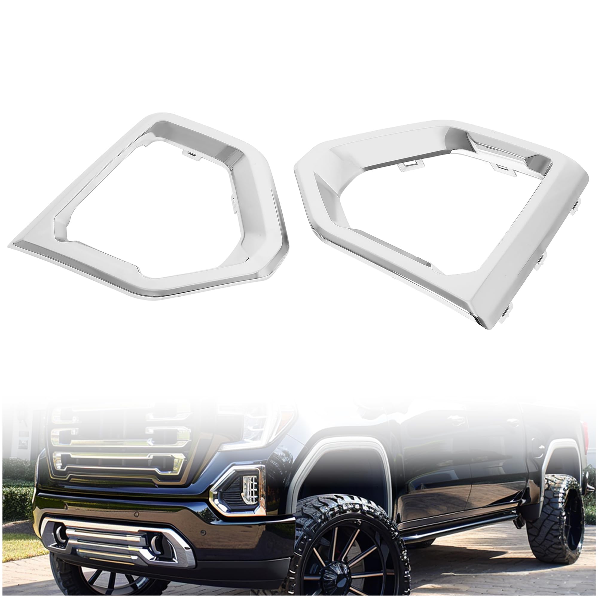 KUAFU Front Fog Light Bezel Compatible with 2019-2023 GMC Sierra 1500 Denali Replacement for 84176753 84176752 Fog Lamp Cover Trim Pair Chrome Silvery