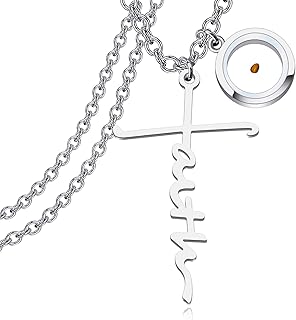 Faith Cross Mustard Seed Necklace Christian Gift Hope Blessed Fearless Believe Mustard Seed Pendant Necklace Religious Inspirational Mustard Seed Jewelry for Women Girls(Faith NK-S)