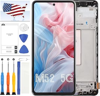 OLED for Samsung M52 5G LCD Screen Replacement with Frame for Samsung M526BR,M526BR/DS, M526B, M526B/DS LCD Display Touch Screen Digitizer Glass Assembly with Tool with Fingerprint Function