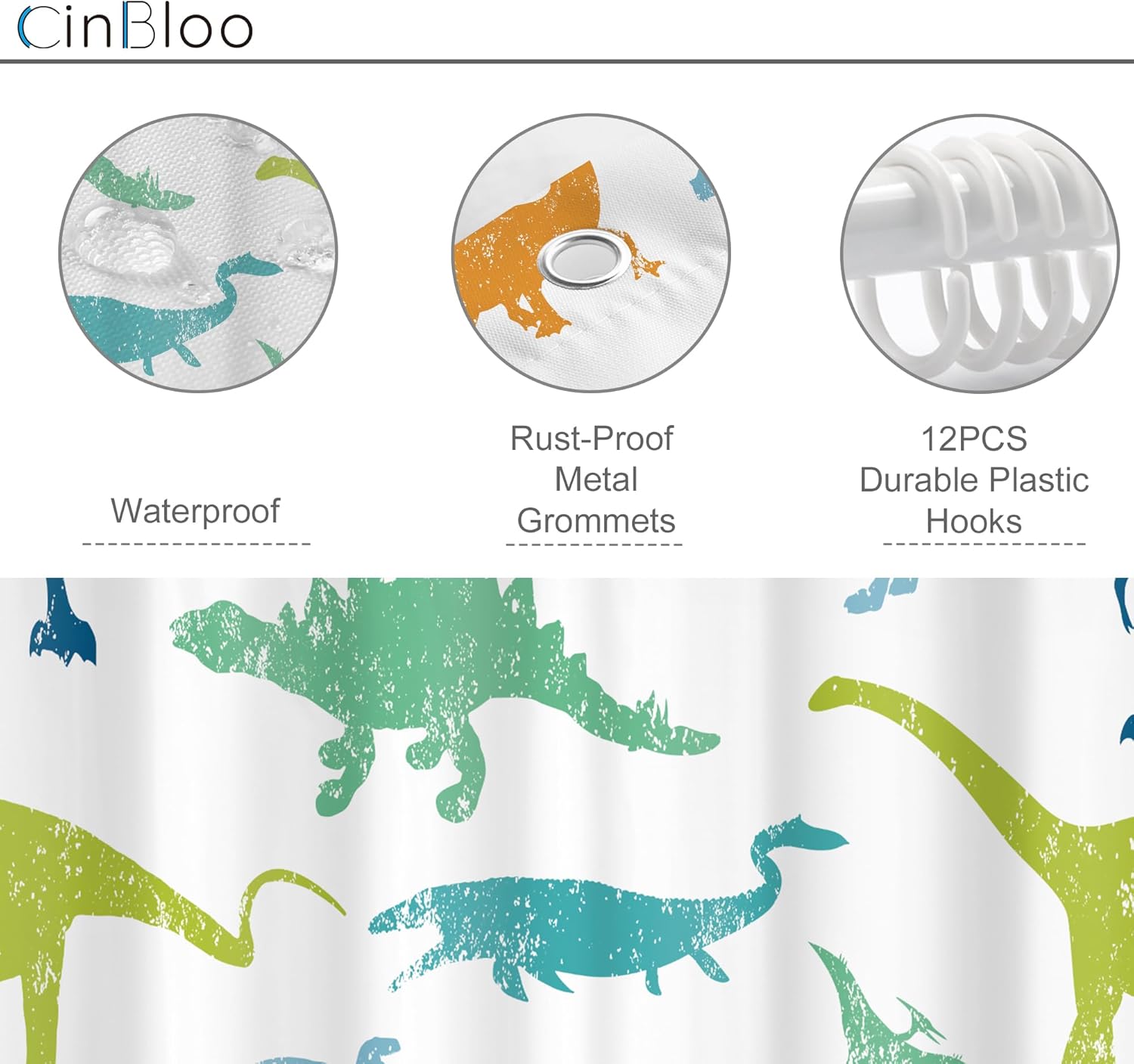 Cinbloo 4Pcs Kids Dinosaur Shower Curtain Set, Cute Cartoon Wildlife Bathroom Curtain with Rug, Toilet Lid Cover, Bath Mat, Safari Dino Foil Print Nursery for Children Shower Curtain with 12 Hooks