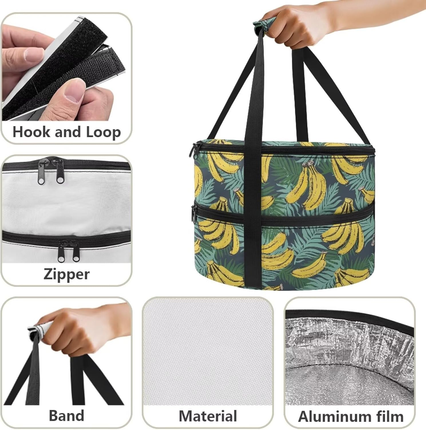 Yorontervo Banana Round Insulated Casserole Carriers for Hot and Cold Foods Reusable Lunch Bag for outdoor activities, picnics, and work lunches