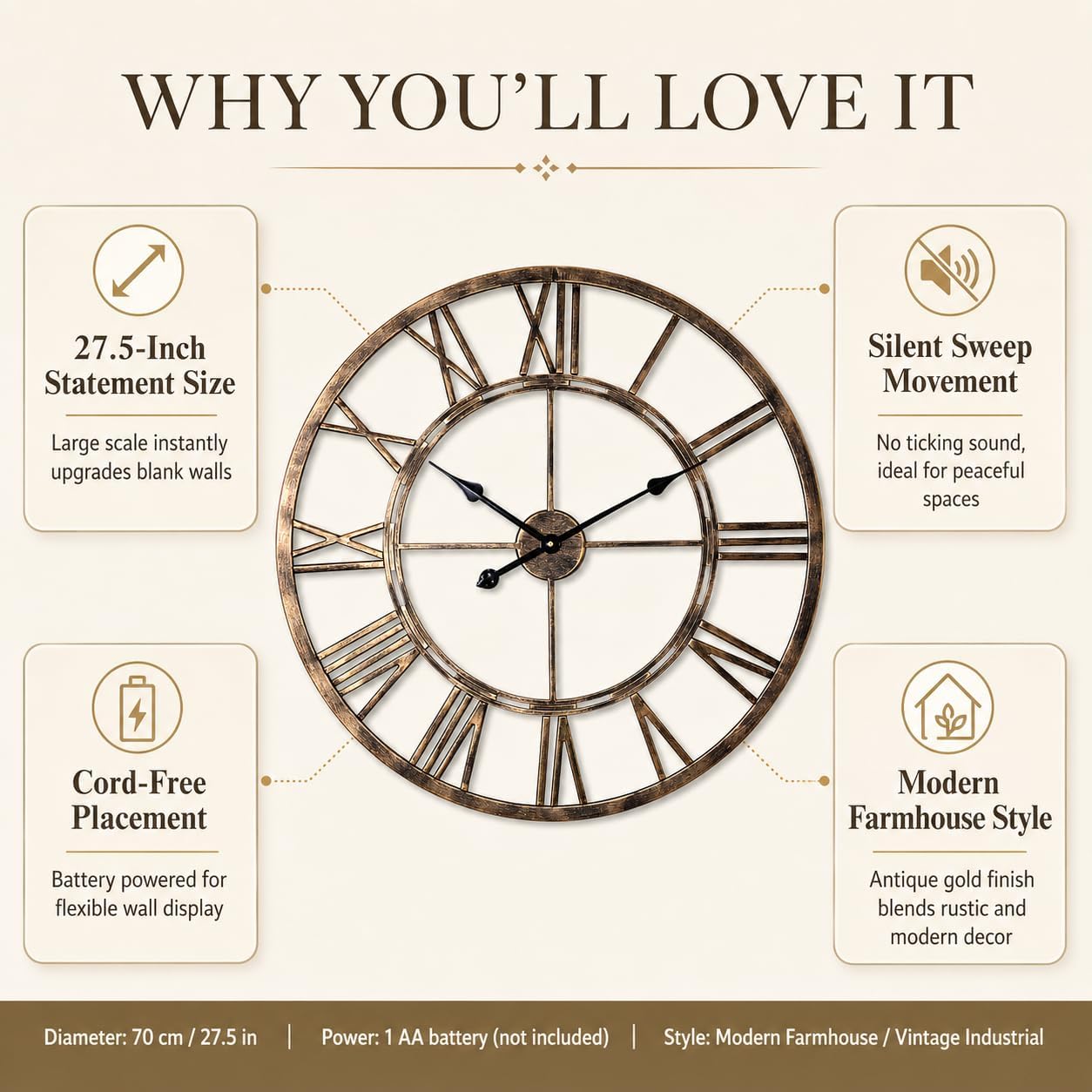 deerlove Large Wall Clock 27.5 Inch, Roman Numerals, Battery Operated, Gold | Non-ticking, Metal Skeleton Dial, Easy to Read, Classic Style, Modern Farmhouse Decorative Clock, For Living Room, Entryway