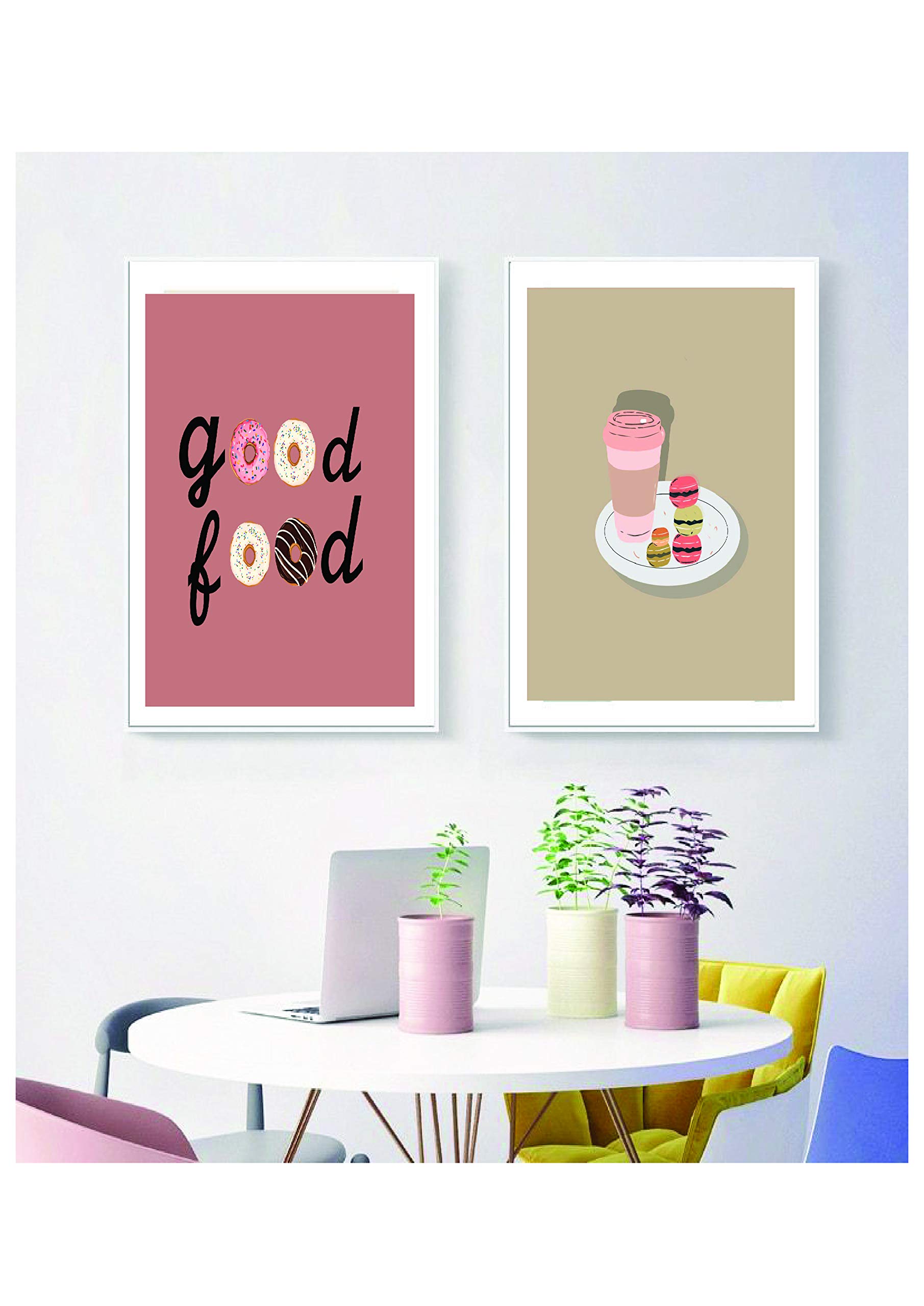 Kitchen Wall Decor Art Prints Wall Signs Creative Pictures Home Decorations Style Your Wall Good Food Vibe Coffee Macaroon - A4 Size Set of 2 Posters