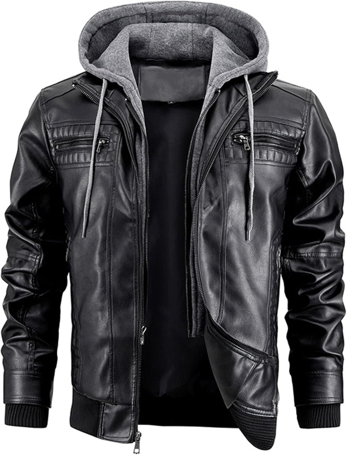 Maiyifu-GJ Men's Faux Leather Jacket Fall Winter Warm Hooded Leather Jacket Vintage Motorcycle Biker Coat Windbreaker