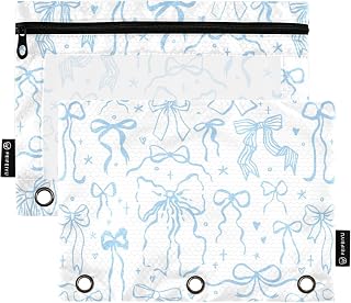Pencil Pouch for 3 Ring Binder Cartoon Doodle Blue Bows 2 Pack Clear Window Pencil Bags with Zipper Pencil Case