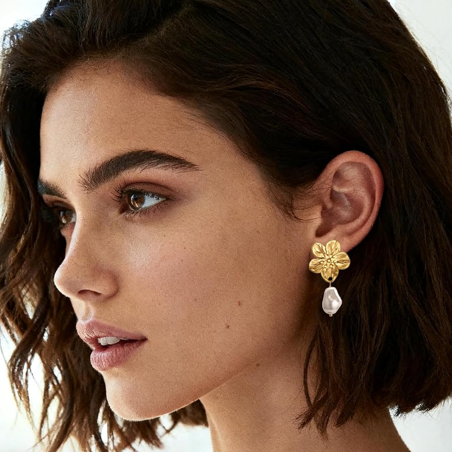 Vintage Pearl Earrings Chunky 14K Gold Plated Pearl Earrings for Women Oval Stud Non Tarnish - Image 2