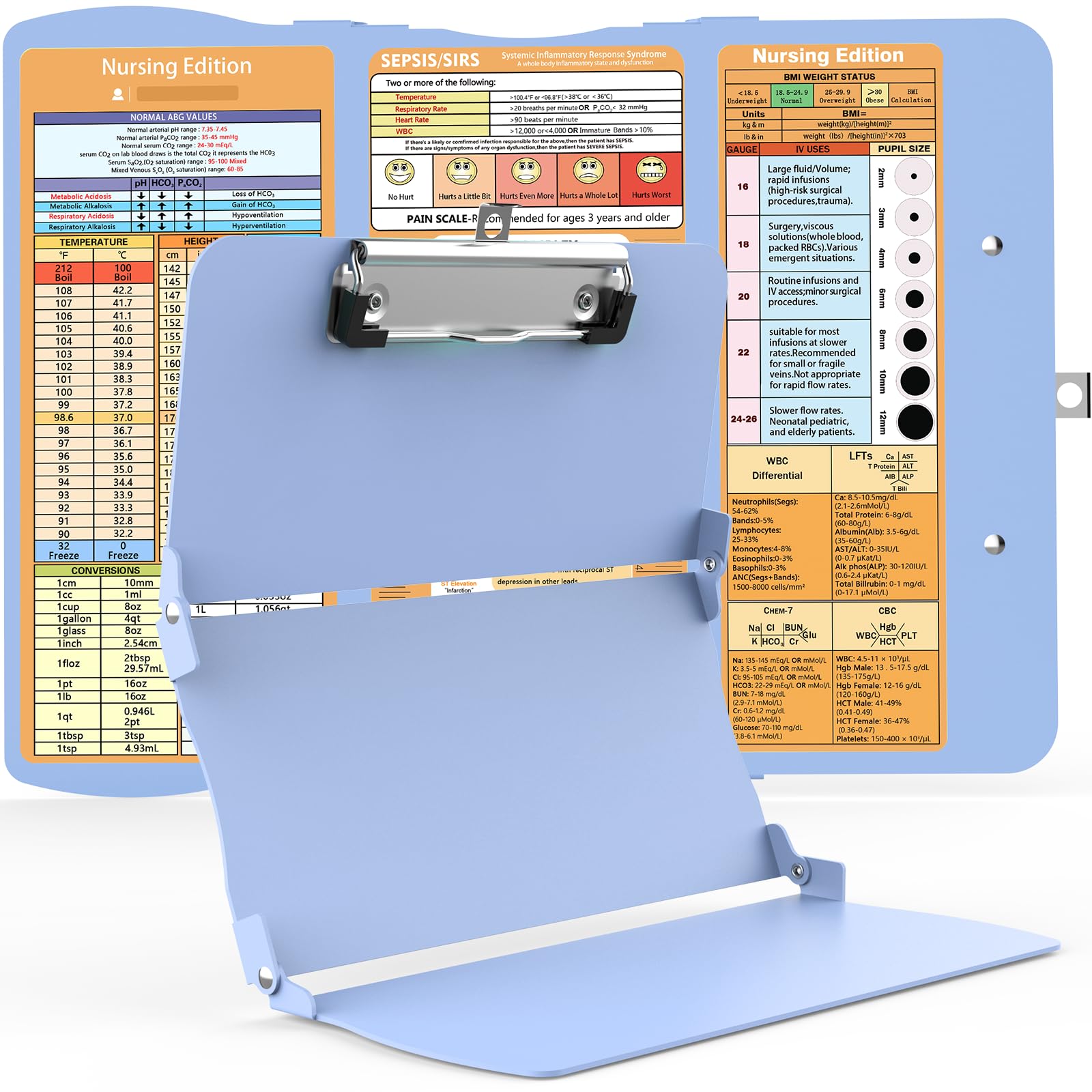 Cooperwin Nursing Clipboard Foldable Aluminum, 3 Layers Foldable with Edition Cheat Sheets, Trifold Nurse Clipboard Pocket Size, Nursing Essentials for Nurses Students, Blue
