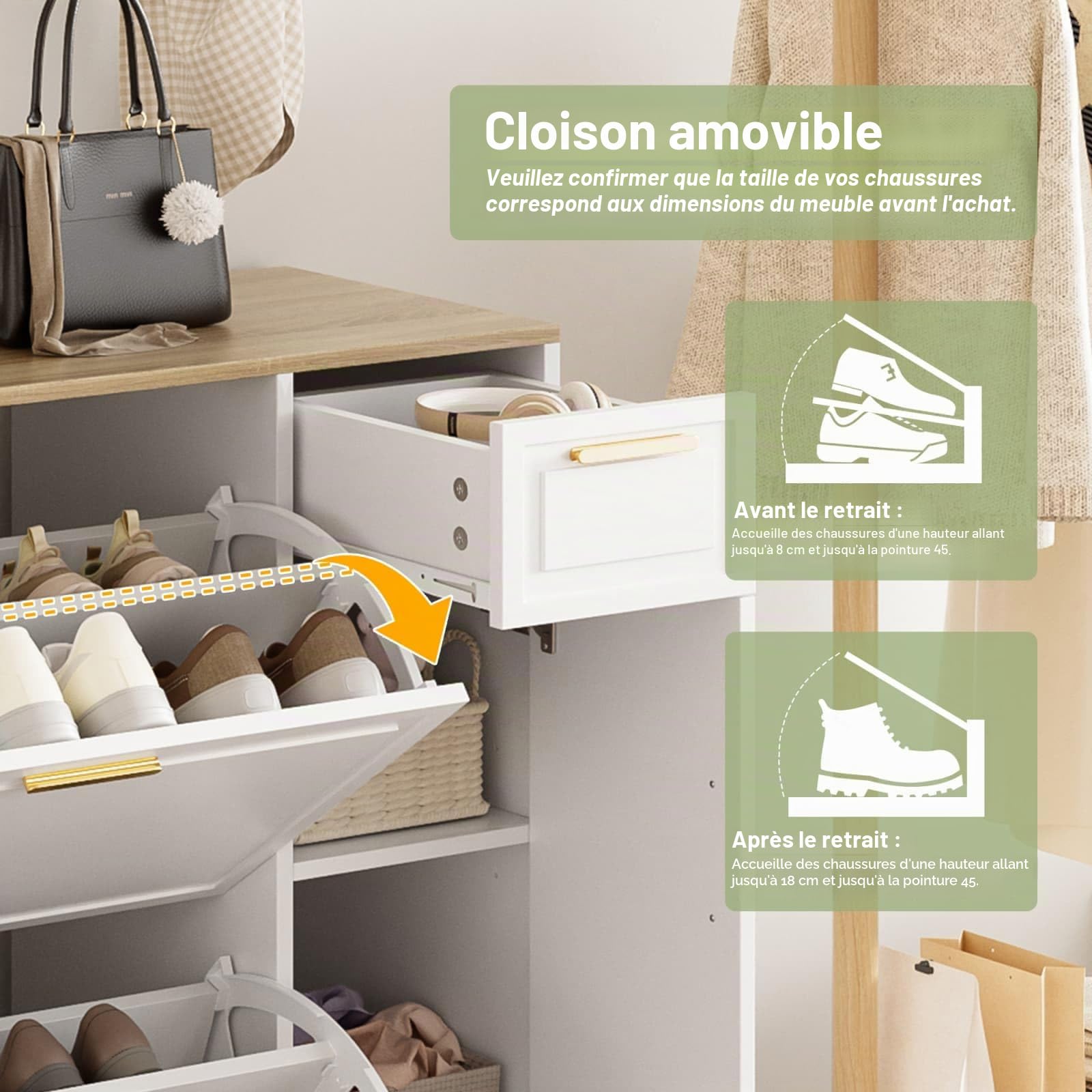 Sweiko Ensemble entrée 4 pièces avec Rangement Chaussures et 1 tiroir, Meuble d'Entrée avec Miroir et patère Murale, Armoire compacte avec Étagères Ouvertes pour Hall, Couloir (Natural+White)
