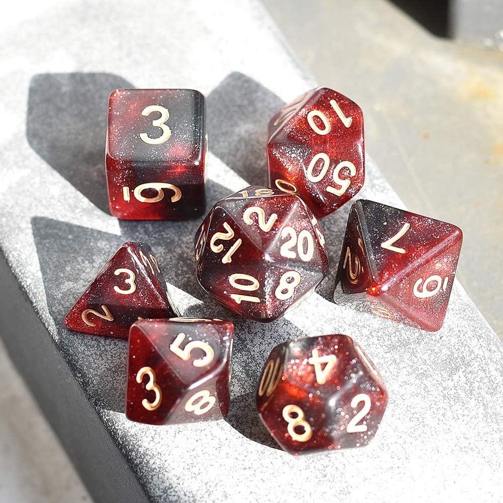 cusdie DND Dice Set Polyhedral Dice 7-Die Glitter Dice for Dungeons and Dragons Pathfinder RPG MTG Table Gaming Dice(Red&Black)