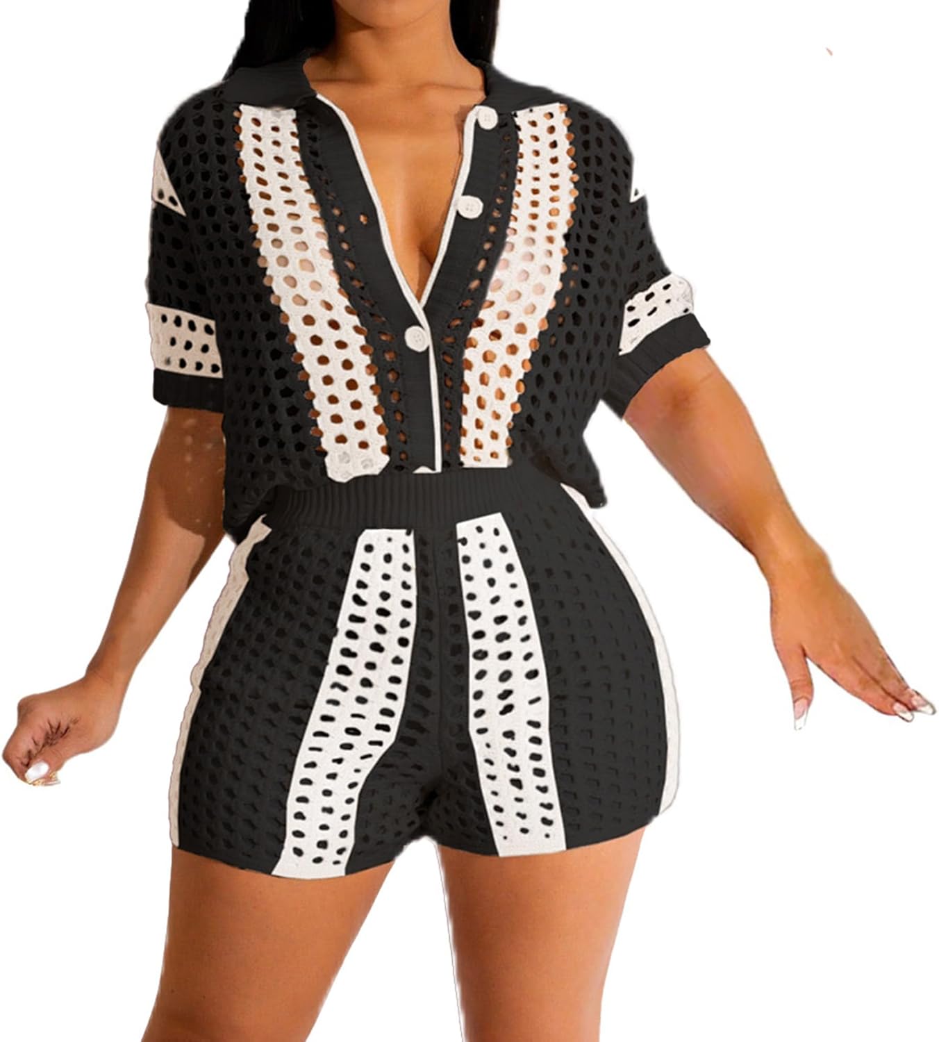 VOIKERDR Shorts Sets Women 2 Piece Outfits Crochet Hollow Out Shirt and Shorts Summer Vacation Beach Clothes